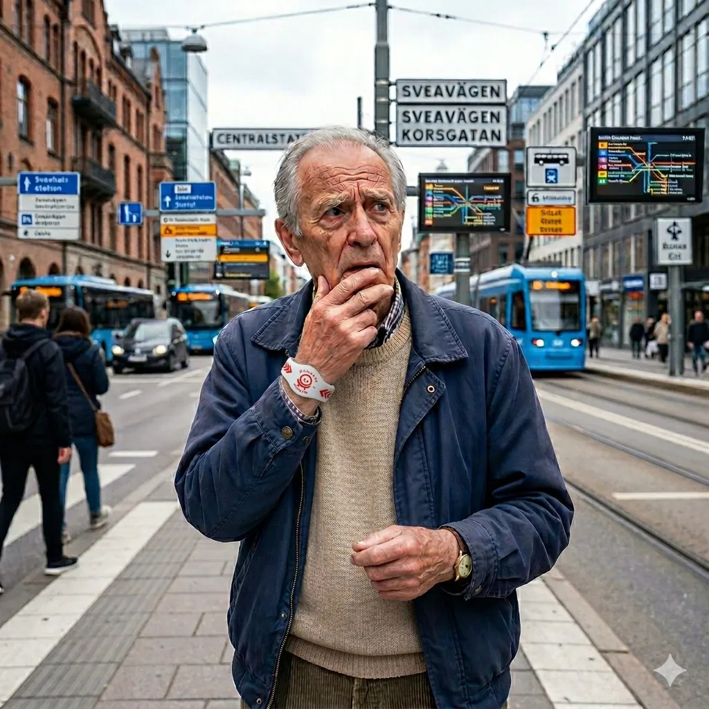 Äldre person som bär ett BuddyTag-armband för ökad trygghet.