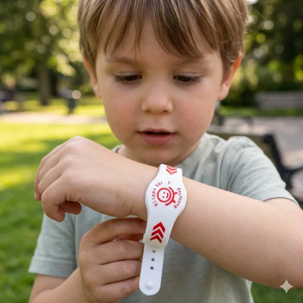 Barn som bär ett BuddyTag-armband i vardagen.