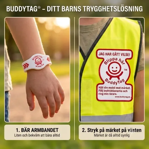 Ett barn visar sitt BuddyTag-armband för ett annat barn som blippar det med en mobil.